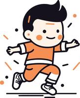 Cute little boy running in flat line style. vector