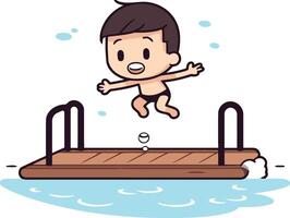 boy jumping out of the water on a jetty vector