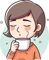 ilustración de un niña Bebiendo un taza de caliente té o café vector