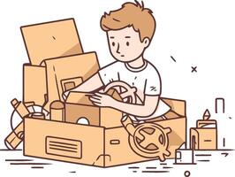 illustration of a man unpacking cardboard box with various stuff. vector