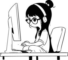 ilustración de un linda Adolescente niña sentado en un escritorio trabajando en un computadora vector