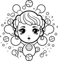 Coloring book for children girl with bees and bubbles. vector