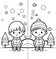 illustration of a cute boy and girl in winter clothes. Black and white outline. vector