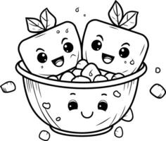 linda kawaii frutas en cuenco para colorante libro vector