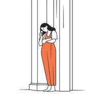 Sad girl standing near the window and crying in thin line style. vector