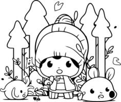 linda dibujos animados niña en el bosque con Conejo. vector