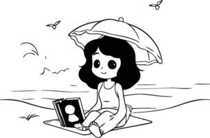 linda pequeño niña leyendo libro en el playa. vector