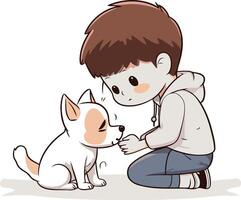 Little boy playing with a dog on white background. vector