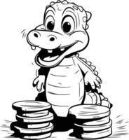 Cute Crocodile - Black and White Cartoon Illustration. vector