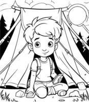 Cute little boy sitting in a tent for coloring book vector