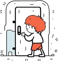 Cartoon boy opening the door of a child coming out of the door. vector