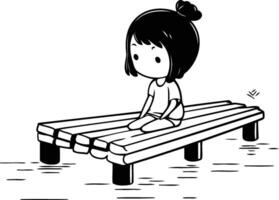 Girl sitting on a wooden pier in the water. vector