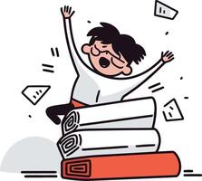 illustration of a tired man lying on a pile of books. vector