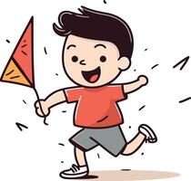 Happy boy playing with kite in cartoon style. vector