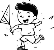 Happy boy playing with kite in cartoon style. vector