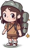 ilustración de un linda niña excursionismo con un mochila vector