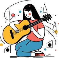 illustration of a girl playing the guitar. Line art style. vector