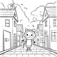 colorante página contorno de un linda pequeño niña caminando mediante el ciudad calle vector