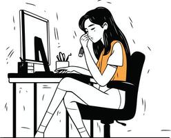 Illustration of a woman sitting in front of a computer. vector