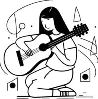 illustration of a girl playing the guitar. Line art style. vector