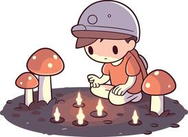 Little boy playing in mushroom garden. Cute cartoon illustration. vector