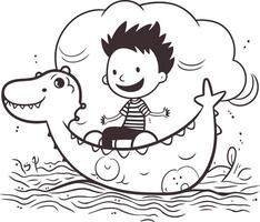 Cute cartoon boy riding a dragon boat in the sea. vector