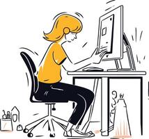 mujer a el computadora. trabajo a hogar en dibujos animados estilo vector