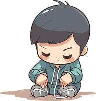 Illustration of a Kid Boy Wearing a Shoe Sitting Down vector