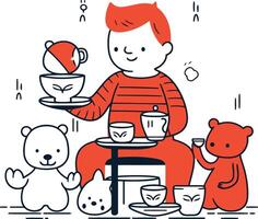 ilustración de un chico con un taza de té y osos. vector