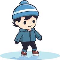 cute boy ice skating on ice rink cartoon illustration graphic design vector