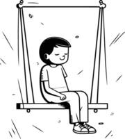 Cute boy sitting on swing in cartoon style. vector