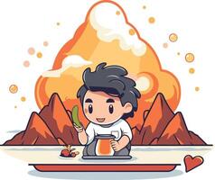 Cute boy with teapot and mountains. vector