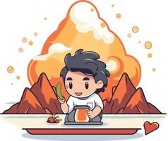 Cute boy with teapot and mountains. vector