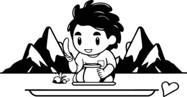 Cute boy with teapot and mountains. vector