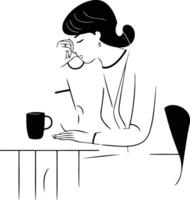 mujer sentado a el mesa y Bebiendo café en plano estilo vector