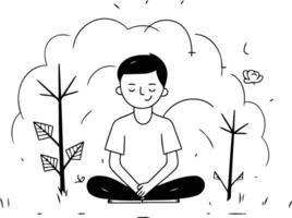 Man meditating in the park in thin line style. vector