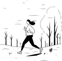 Young woman jogging in autumn park in flat style vector