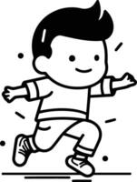 Cute little boy running in flat line style. vector