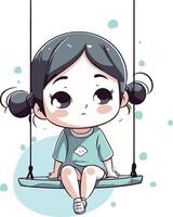 Cute little girl sitting on swing in cartoon style. vector