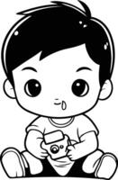 Cute little boy playing with a camera. cartoon illustration. vector