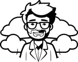 illustration of a smiling scientist in white coat and glasses. Cartoon style. vector