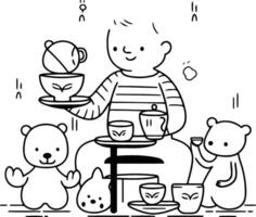 illustration of a boy with a cup of tea and bears. vector