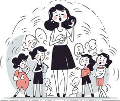 illustration of a woman talking on the phone with her children. vector