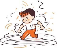 Cute little boy running in a puddle. vector