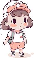 Cute little girl with backpack and cap on white background. vector