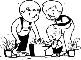 Grandmother and grandson planting flower in the garden. vector