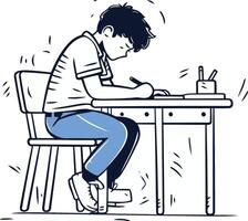 Illustration of a young boy sitting at the table and working on a laptop vector