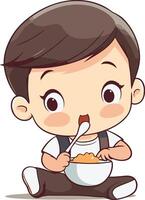 Cute boy eating cereals in a bowl. vector