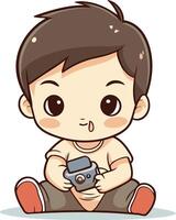 Cute little boy playing with a camera. cartoon illustration. vector