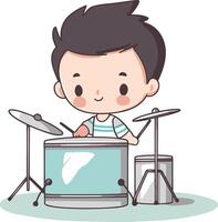 cute boy playing drum set on white background illustration graphic design vector